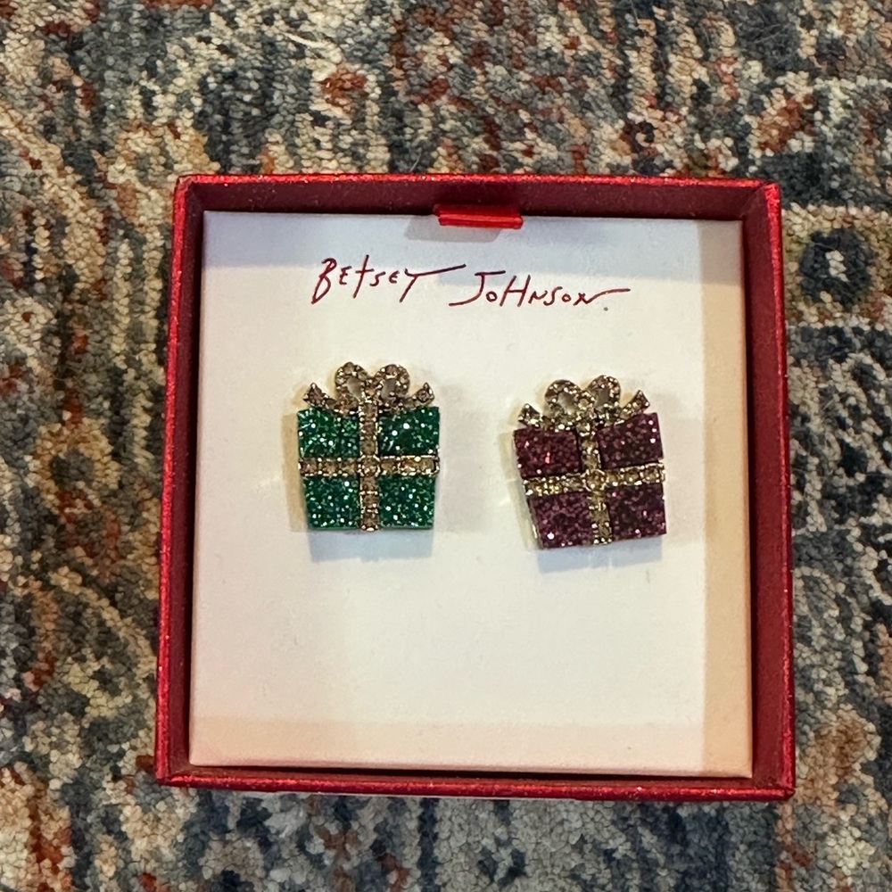 Betsey Johnson Green & Pink Glitter Effect & Pave Gift Box Stud Earrings